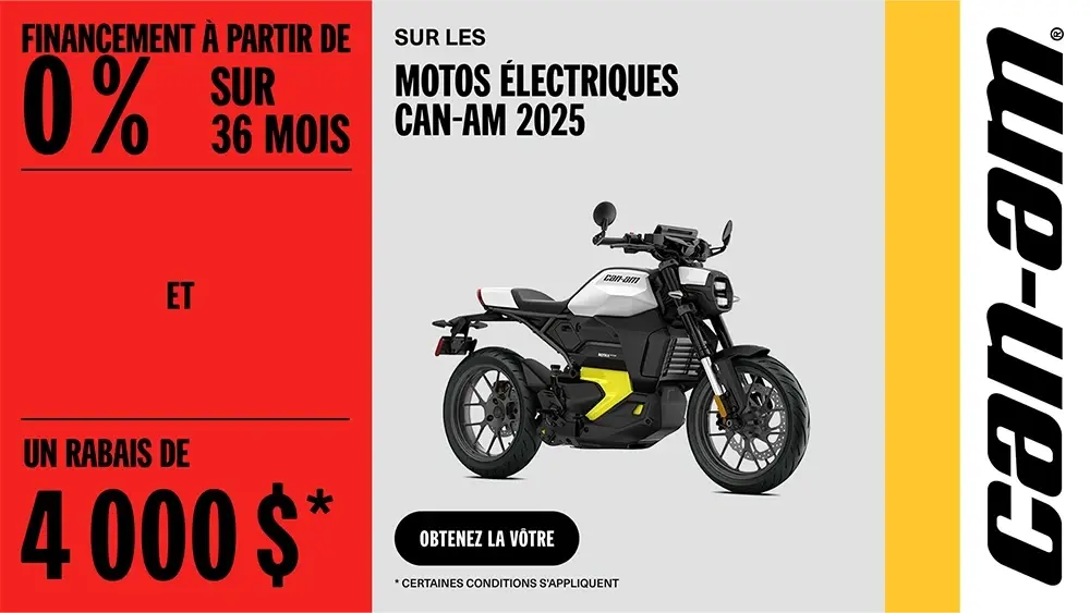 Financement aussi bas que 0% pour 36 mois et un rabais allant jusqu’à $4,000 sur les motos électriques Can-Am