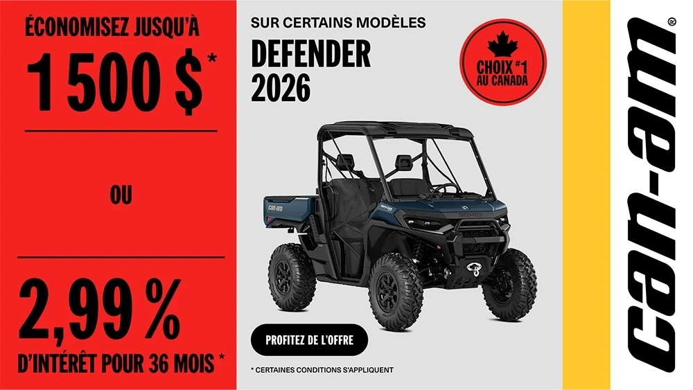 Économisez jusqu’à 1 500 $ ou 2.99% pour 36 mois sur les modèles Defender 2026 sélectionnés alt