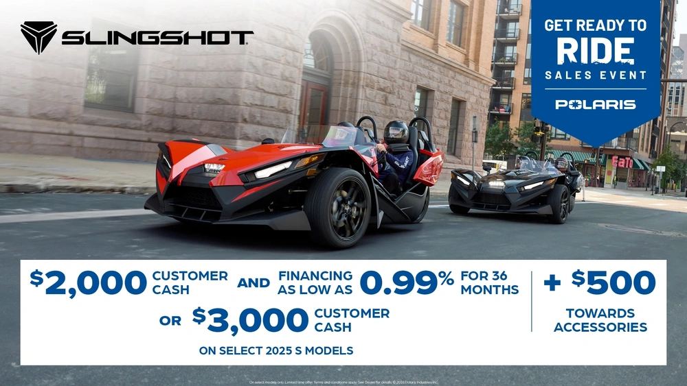 $2,000 Customer Cash and Financing offer for Slingshot S Models OR $3,000 Customer Cash alt