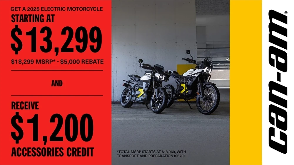 Get your new 2025 electric motorcycle starting at $13,969 and receive a $1,200 credit on accessories alt