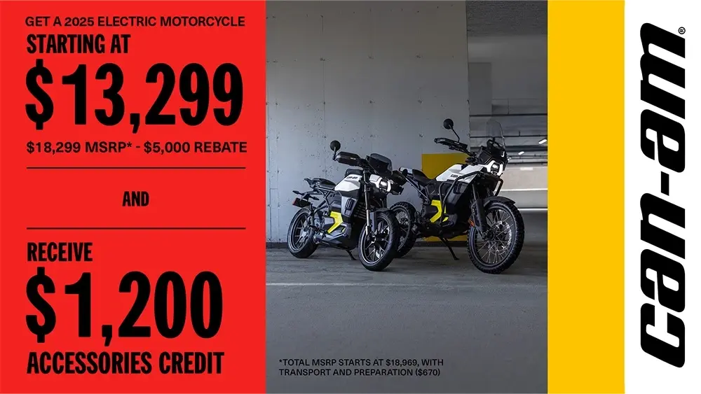 Get your new 2025 electric motorcycle starting at $13,969 and receive a $1,200 credit on accessories