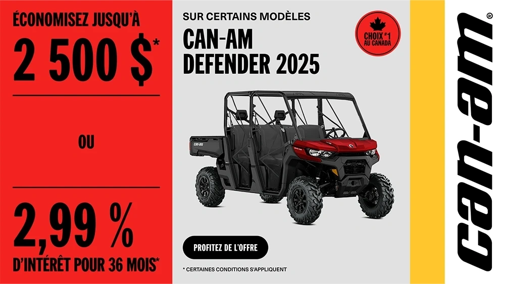 Économisez jusqu’à 2,500 $ ou 2.99% pour 36 mois sur les modèles Defender 2025 sélectionnés alt