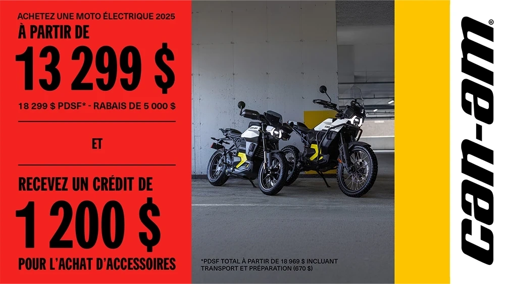 Achetez votre nouvelle moto électrique Can-Am à partir de 13 969 $ et recevez un crédit de 1 200 $ en accessoires alt