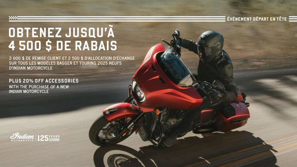 Offre promotionnelle : bénéficiez d'une remise pouvant atteindre 4 500 $ grâce aux crédits « Customer Cash » et de reprise, ou d'un taux de 1,99 % sur 36 mois sur une sélection de modèles Bagger ou Touring 2025 alt