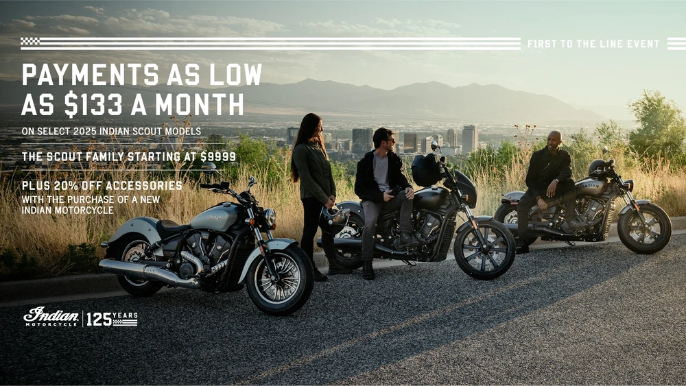 Promotion: Payments as low as $133 a month on select new 2025 models. The Indian Scout family starting at $9,999 alt