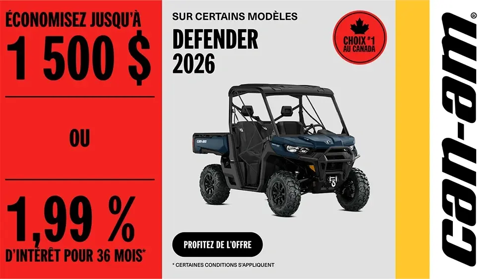 Économisez jusqu'à 1 500 $ ou 1,99% pour 36 mois sur certains modèles Can-Am Defender 2026