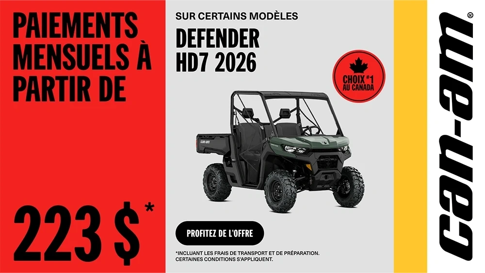 Paiement mensuel à partir de 223 $ sur certains modèles Can-Am Defender HD7 2026 alt