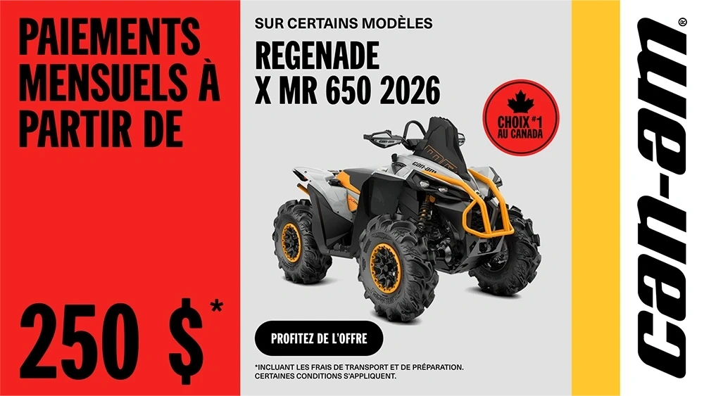 Paiement mensuel à partir de 250 $ sur certains modèles Can-Am Renegade X mr 650 2026 alt