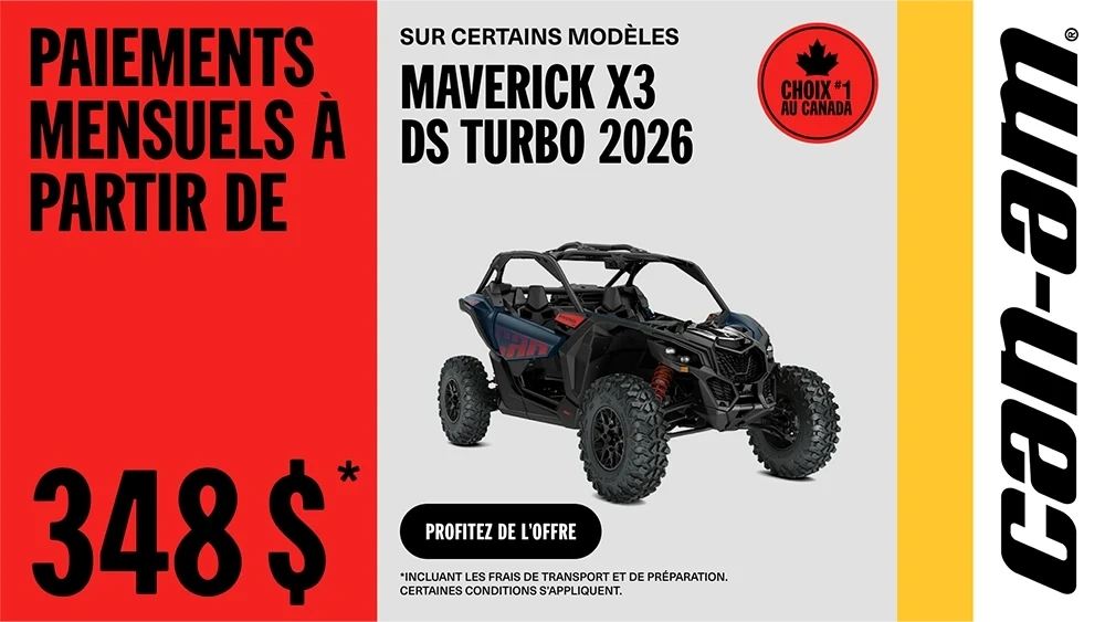 Paiement mensuel à partir de 348 $ sur certains modèles Can-Am Maverick Turbo 2026 alt