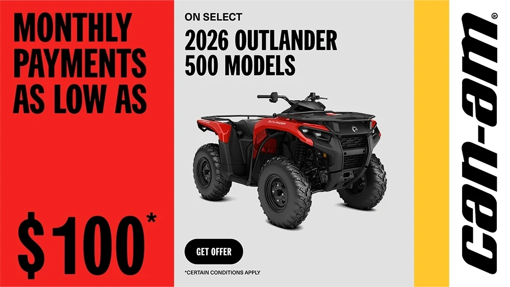 Monthly payment as low as $100 on select 2026 Outlander 500 models alt