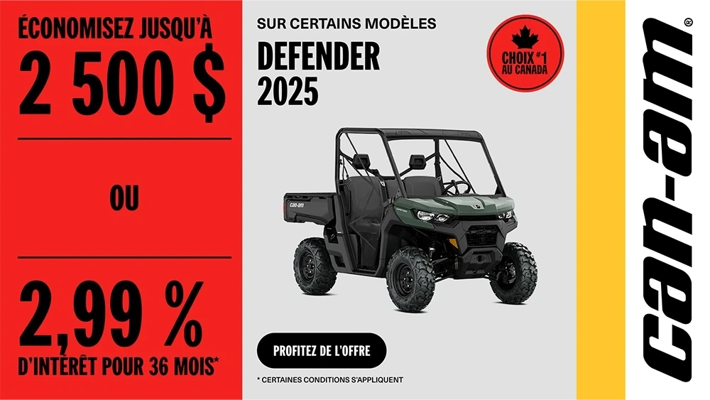 Économisez jusqu'à 2 500 $ ou 2,99% pour 36 mois sur certains modèles Can-Am Defender 2025 alt