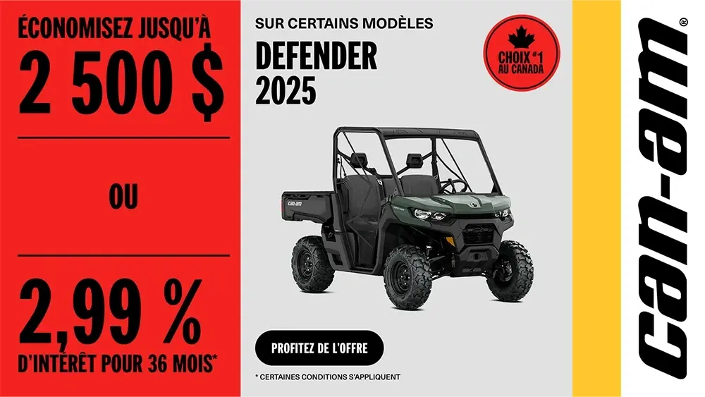 Économisez jusqu'à 2 500 $ ou 2,99% pour 36 mois sur certains modèles Can-Am Defender 2025