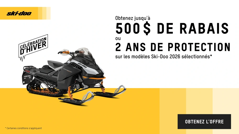 Obtenez 500 $ de rabais ou 2 ans de protection sur les motoneiges Ski-Doo 2026 sélectionnées alt