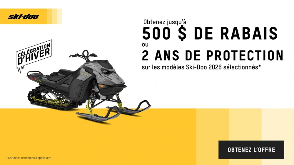 Obtenez 500 $ de rabais ou 2 ans de protection sur les motoneiges Ski-Doo 2026 sélectionnées alt