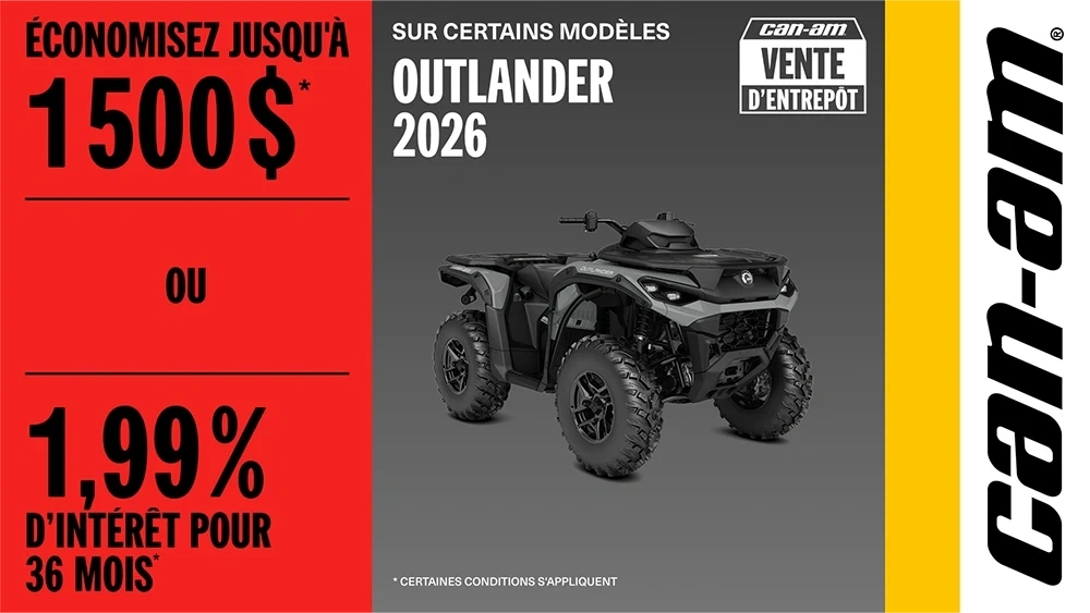 Économisez jusqu'à 1 500$ ou 1,99% d'intérêt
pour 36 mois sur certains modèles Outlander 2026 alt