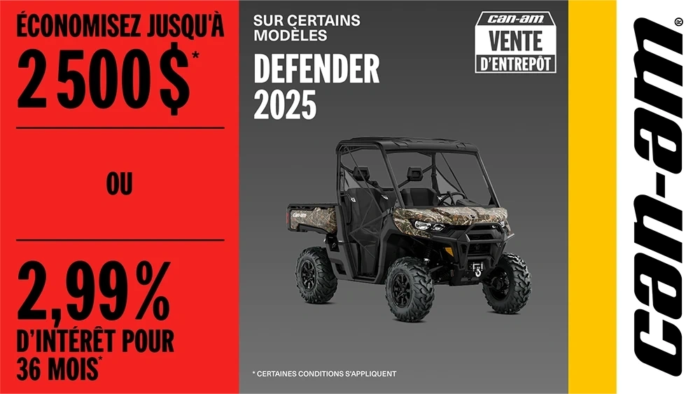 Économisez jusqu'à 2 500$ ou 2,99% d'intérêt pour 36 mois sur certains modèles Defender 2025 alt
