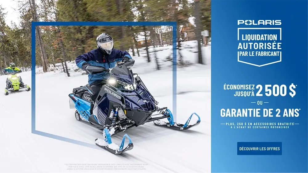 Polaris Snowmobiles offre jusqu'à 2 500 $ de rabais OU une garantie de 2 ans sur certains motoneiges dans le cadre du déstockage autorisé en usine.