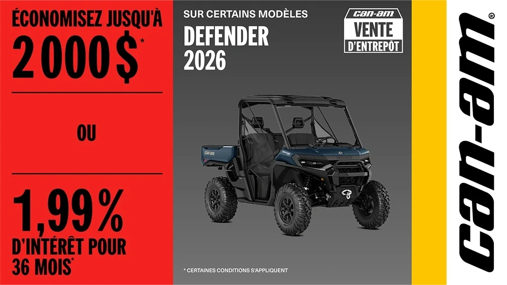 Économisez jusqu'à 2 000$ ou 1,99% d'intérêt pour 36 MOIS sur certains modèles Defender 2026 alt