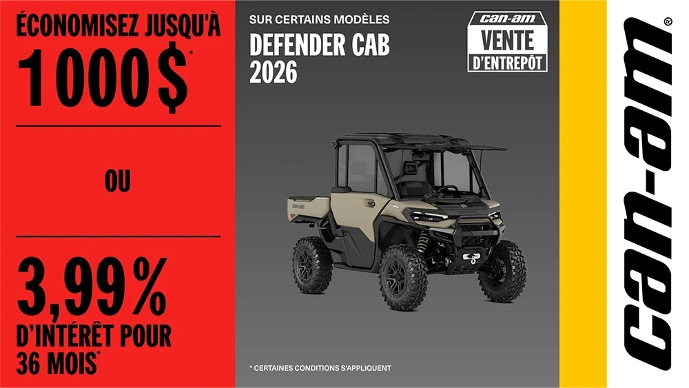 Économisez jusqu'à 1 000$ ou 3,99% d'intérêt pour 36 mois sur certains modèles Defender CAB 2026 alt