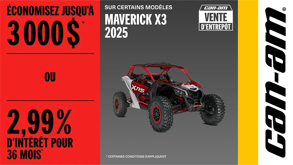 Économisez jusqu'à 3 000$ ou 2,99% d'intérêt pour 36 mois sur certains modèles Maverick X3 2025 alt