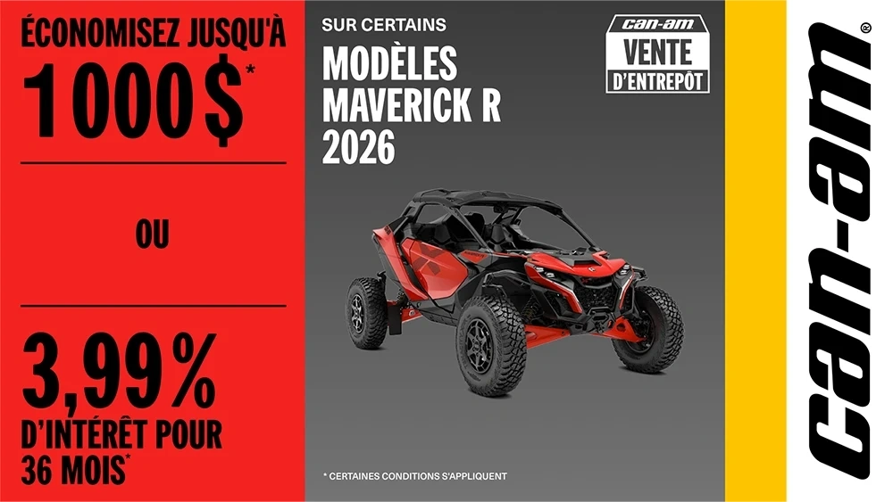 Économisez jusqu'à 1 000$ ou 3,99% d'intérêt
pour 36 mois sur certains modèles Maverick R 2026 alt