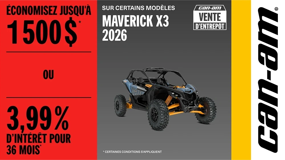 Économisez jusqu'à 1 500$ ou 3,99% d'intérêt pour 36 MOIS sur certains modèles Maverick X3 TURBO 2026 alt