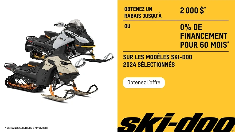 Obtenez un rabais jusqu'à 2 000 $ ou 0% de financement pour 60 mois sur les modèles Ski-Doo 2024 sélectionnés alt