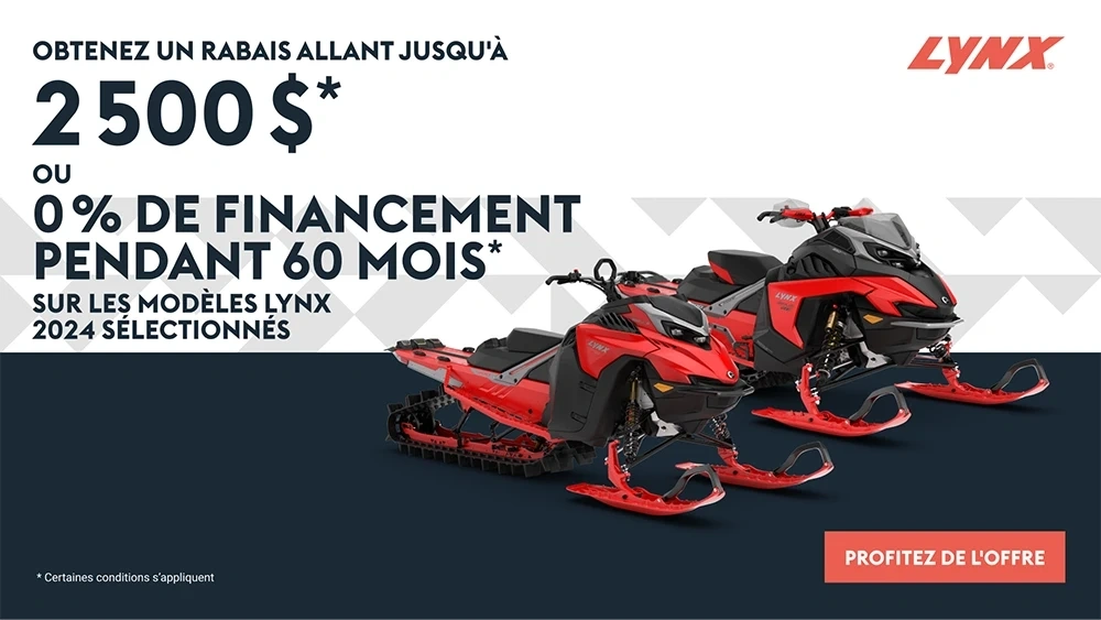 Obtenez un rabais jusqu'à 2 500 $ ou 0% de financement pendant 60 mois sur les modèles Lynx 2024 sélectionnés alt