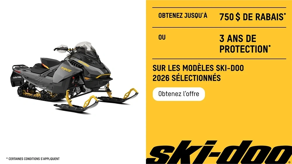 Obtenez jusqu'à 750 $ de rabais ou 3 ans de protection sur les modèles Ski-Doo 2026 sélectionnés alt
