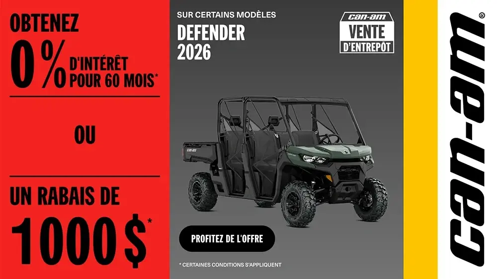Obtenez 0% de financement pour pendant 60 mois ou économisez 1 000$ sur les Defender 2026 sélectionnés
