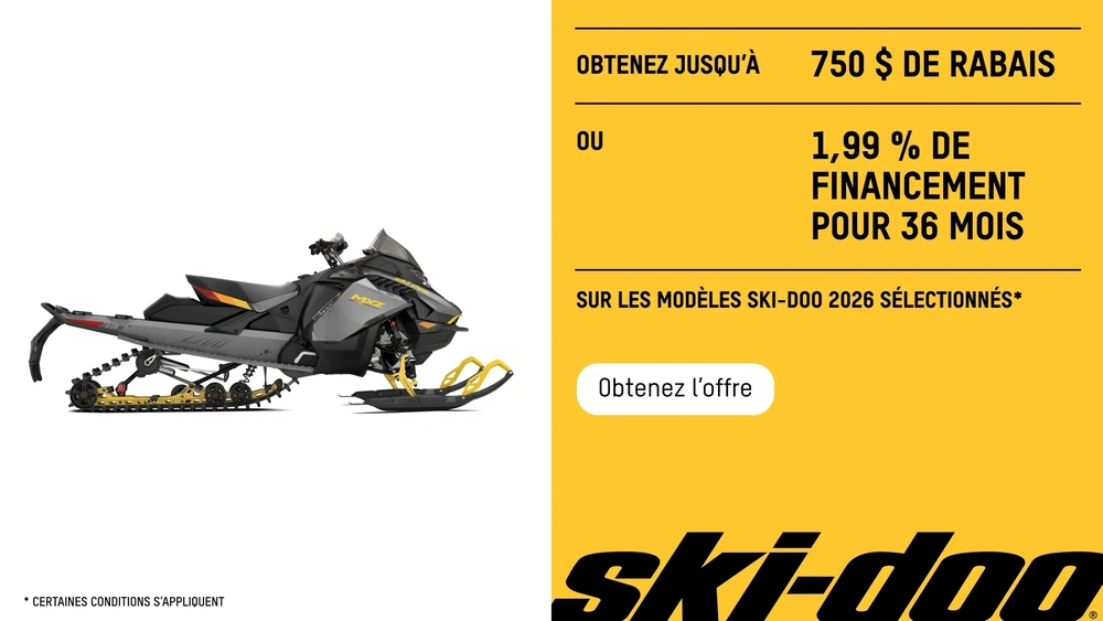 Obtenez jusqu'à 750 $ de rabais ou 1,99% de financement pour 36 mois sur les modèles Ski-Doo 2026 sélectionnés (Trail) alt