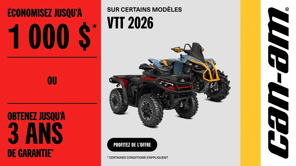 Économisez jusqu’à 1 000 $ ou obtenez jusqu’à 3 ans de garantie sur certains modèles VTT 2026 alt