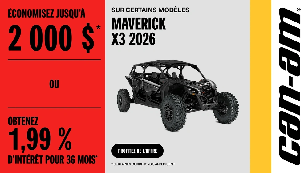 Économisez jusqu’à 2 000$ ou obtenez 1,99% d’intérêt pour 36 mois sur certains modèles Maverick X3 2026 alt