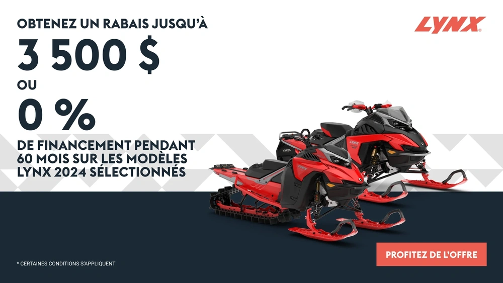 Obtenez un rabais jusqu'à 3 500 $ ou 0% de financement pour 60 mois sur les modèles Lynx 2024 sélectionnés (Trail) alt