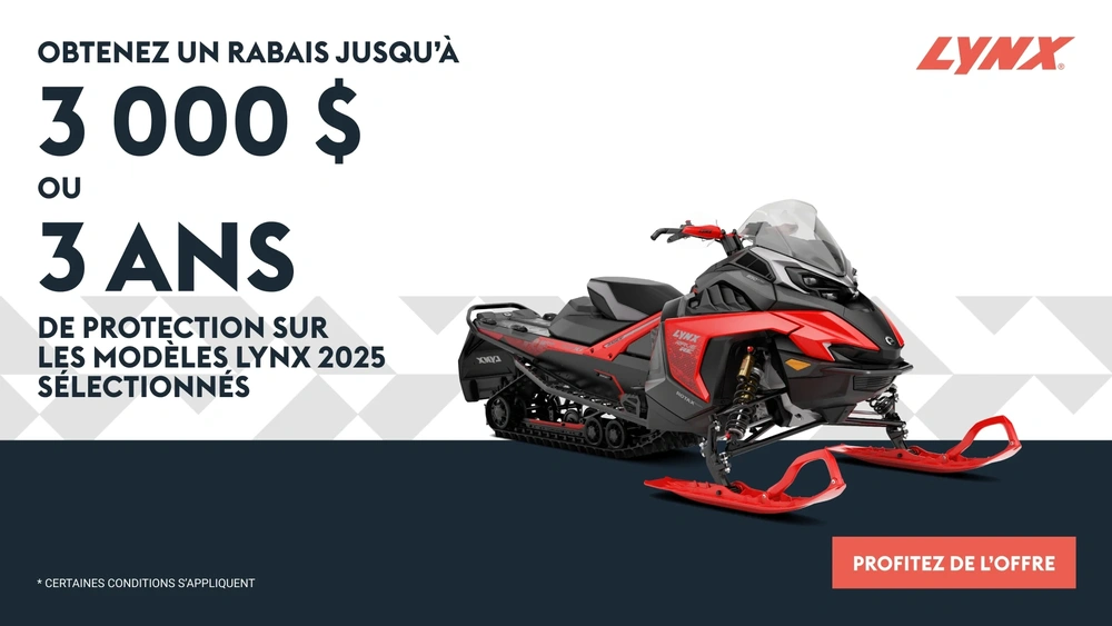 Obtenez un rabais jusqu'à 3 000 $ ou 3 ans de protection sur les modèles Lynx 2025 sélectionnés (Trail) alt