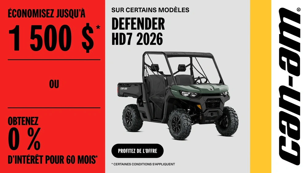 Économisez jusqu’à 1 500$ ou obtenez 0% d’intérêt pour 60 mois sur certains modèles Defender HD7 2026 alt