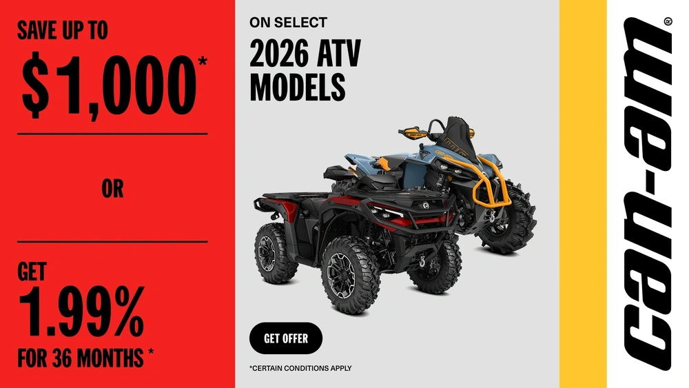 Save up to $1,000 or get 1.99% for 36 months on select 2026 ATV models alt
