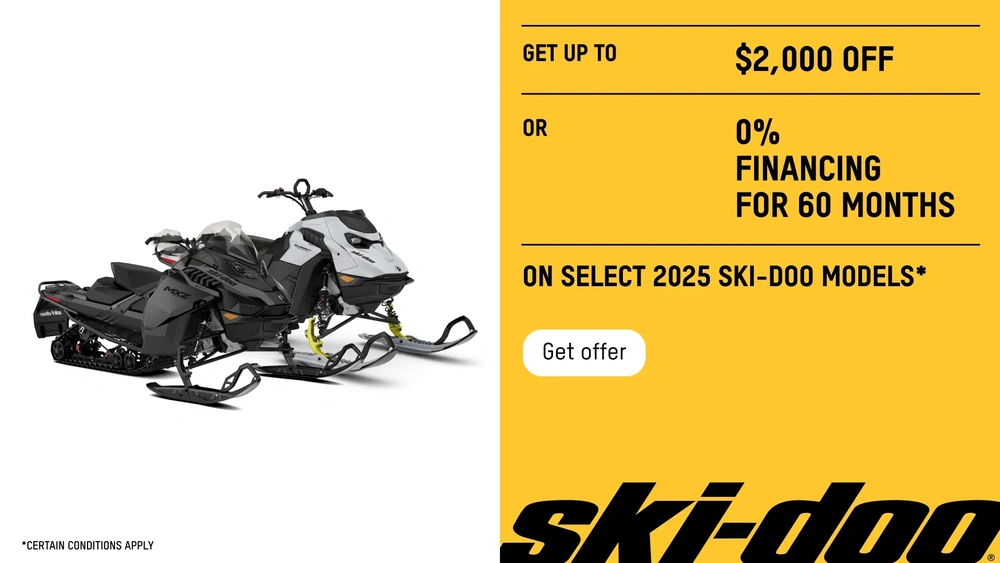 Get up to a $2,000 rebate or 0% financing for 60 months on select 2025 Ski-Doo models (Trail & Deepsnow) alt
