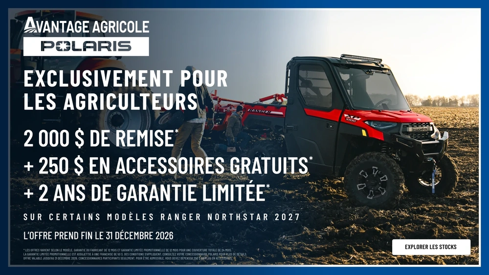 Jusqu'à 1 000 $ de réduction plus 250 $ d'accessoires gratuits plus une garantie de 2 ans sur certains modèles RANGER NorthStar 2027 La remise est cumulable avec d'autres offres alt