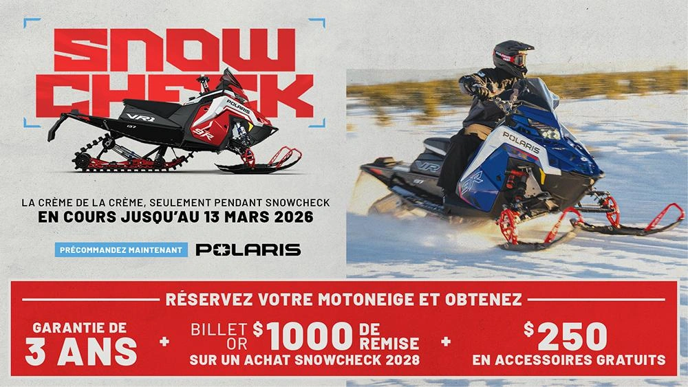 Polaris Snowmobiles offre une garantie de 3 ans et un billet doré de 1 000 $ pour un Snowcheck 2028 lors de l'achat d'une motoneige Polaris 2027 pendant le SnowCheck, uniquement du 17 février au 13 mars 2026. alt