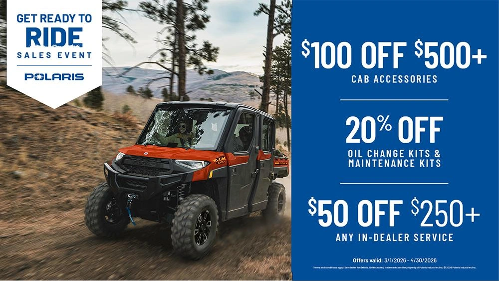 Save $100 Off $500+ Cab Accessories, 20% Off Oil Change Kits & Maintenance Kits and $50 Off $250+ Any In-Dealer Service now through April 30th alt