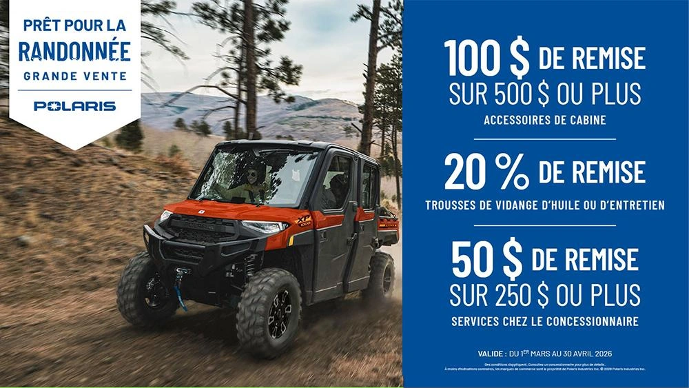 Économisez 100 $ sur les accessoires de cabine de plus de 500 $, 20 % sur les kits de vidange d'huile et les kits d'entretien et 50 $ sur tout service chez un concessionnaire de plus de 250 $ jusqu'au 30 avril. alt