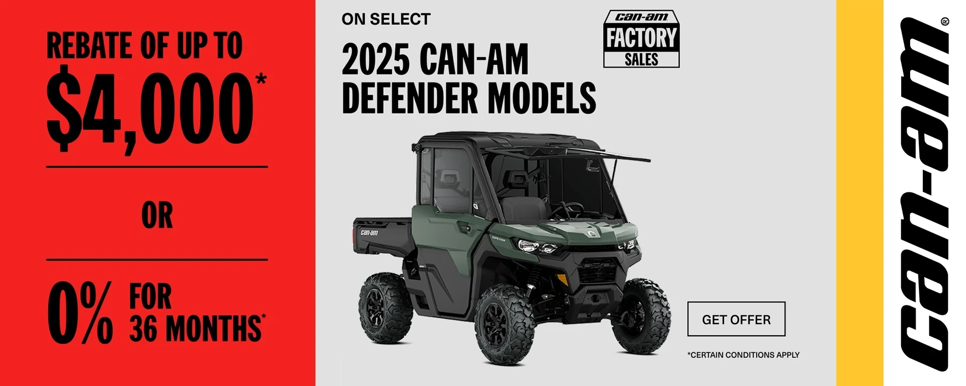 Rebate of up to $4,000 on select 2025 Can-Am Devender Models alt