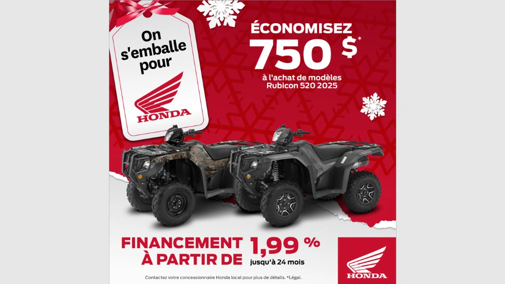 750$ de rabais sur nos derniers VTT Honda Rubicon 520 2025 chez RM Motosport à Victoriaville! alt