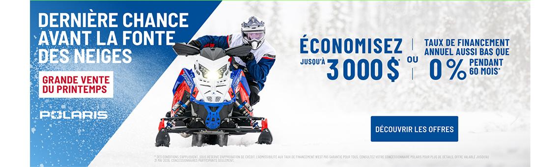 Polaris Snowmobiles offre un financement aussi bas que 0 % pendant 60 mois OU jusqu'à 3 000 $ de rabais sur certains motoneiges pour l'événement des ventes de printemps.