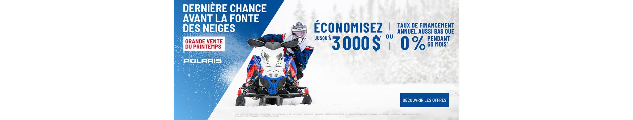 Polaris Snowmobiles offre un financement aussi bas que 0 % pendant 60 mois OU jusqu'à 3 000 $ de rabais sur certains motoneiges pour l'événement des ventes de printemps.