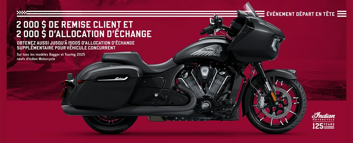 Offre promotionnelle : bénéficiez d'une remise client pouvant aller jusqu'à 2 000 $ sur une sélection de modèles Bagger et Touring 2025