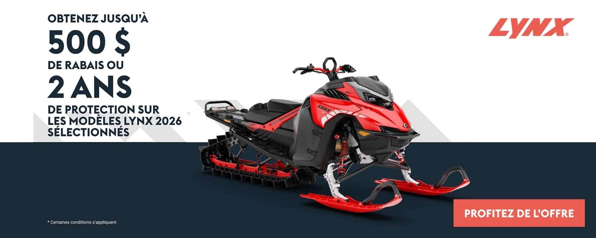 Obtenez 500 $ de rabais ou 2 ans de protection sur les motoneiges Lynx 2026 sélectionnées alt
