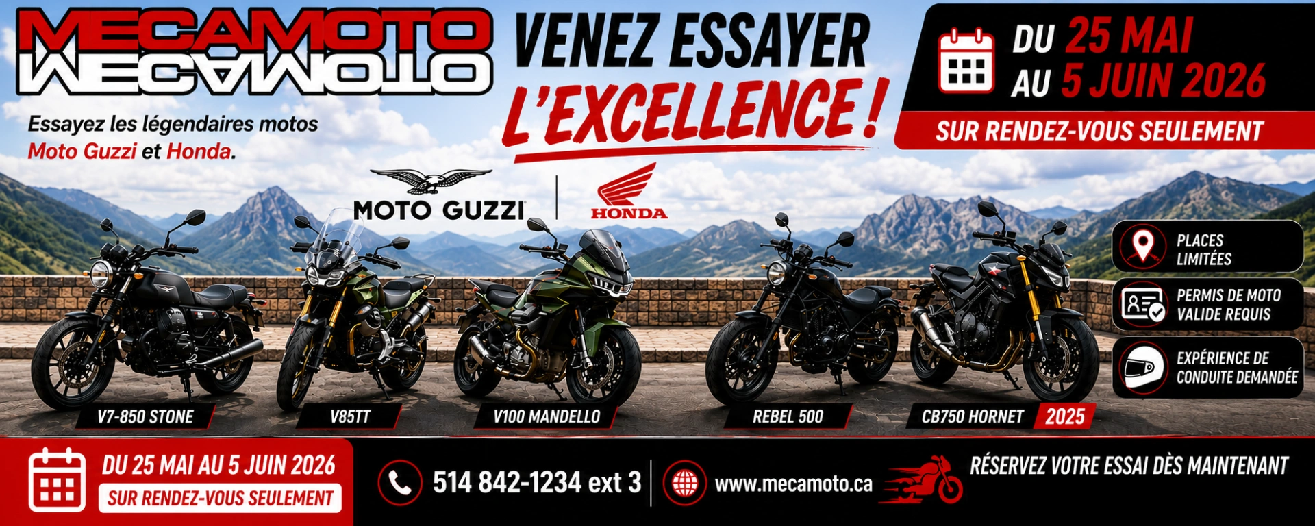 Venez essayer l’excellence sur deux roues chez MECAMOTO ! Du 25 mai au 5 juin 2026, sur rendez-vous seulement alt