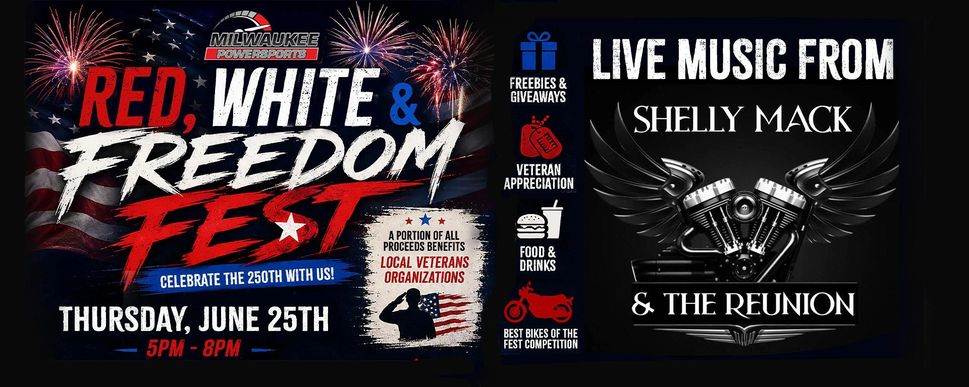 The Milwaukee Powersports Red, White, & Freedom Fest Bike Night is happening this Thursday, June 25th from 5-7 pm. All are welcome. Bring your bike, enjoy free beer/drinks, and help us raise money for local veteran organizations! alt